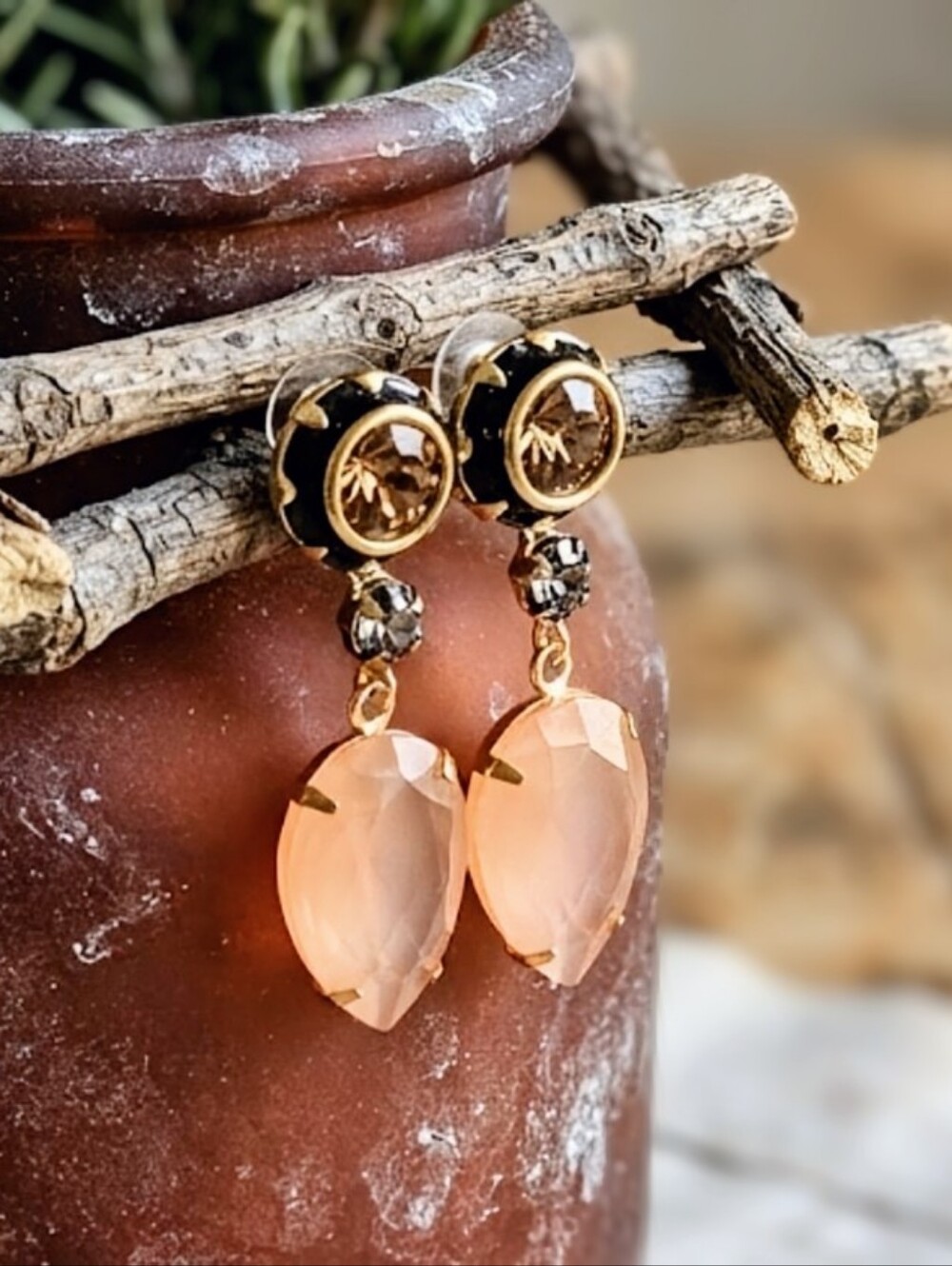 Victorian Peach & Black Crystals In Feminine Artisan-Made Gold Plated Earrings